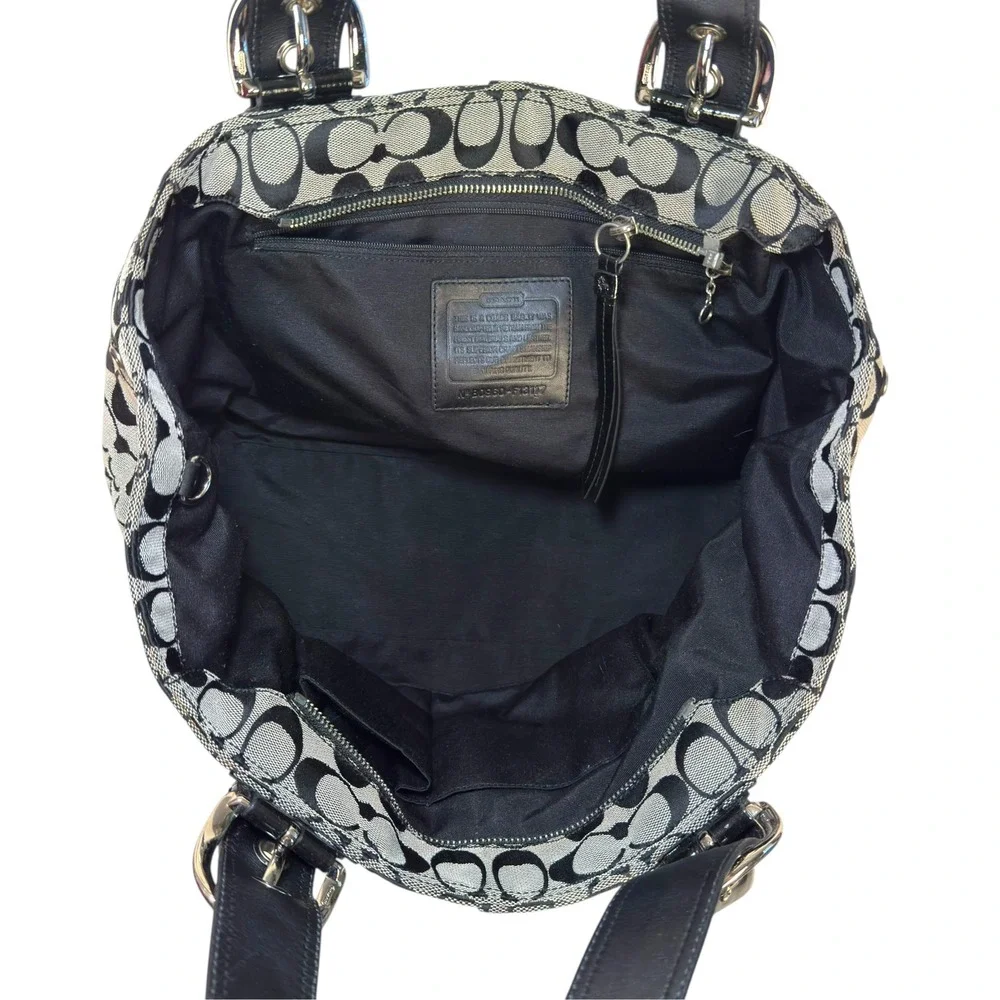 Coach Signature Jacquard Tote Bag Black Gray Patent Leather F13117 Y2K Classic